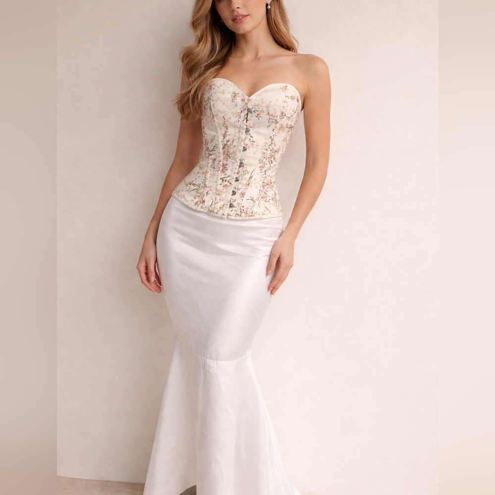Elegant White Satin Set - Mermaid Skirt  & Embroided Floral Corset